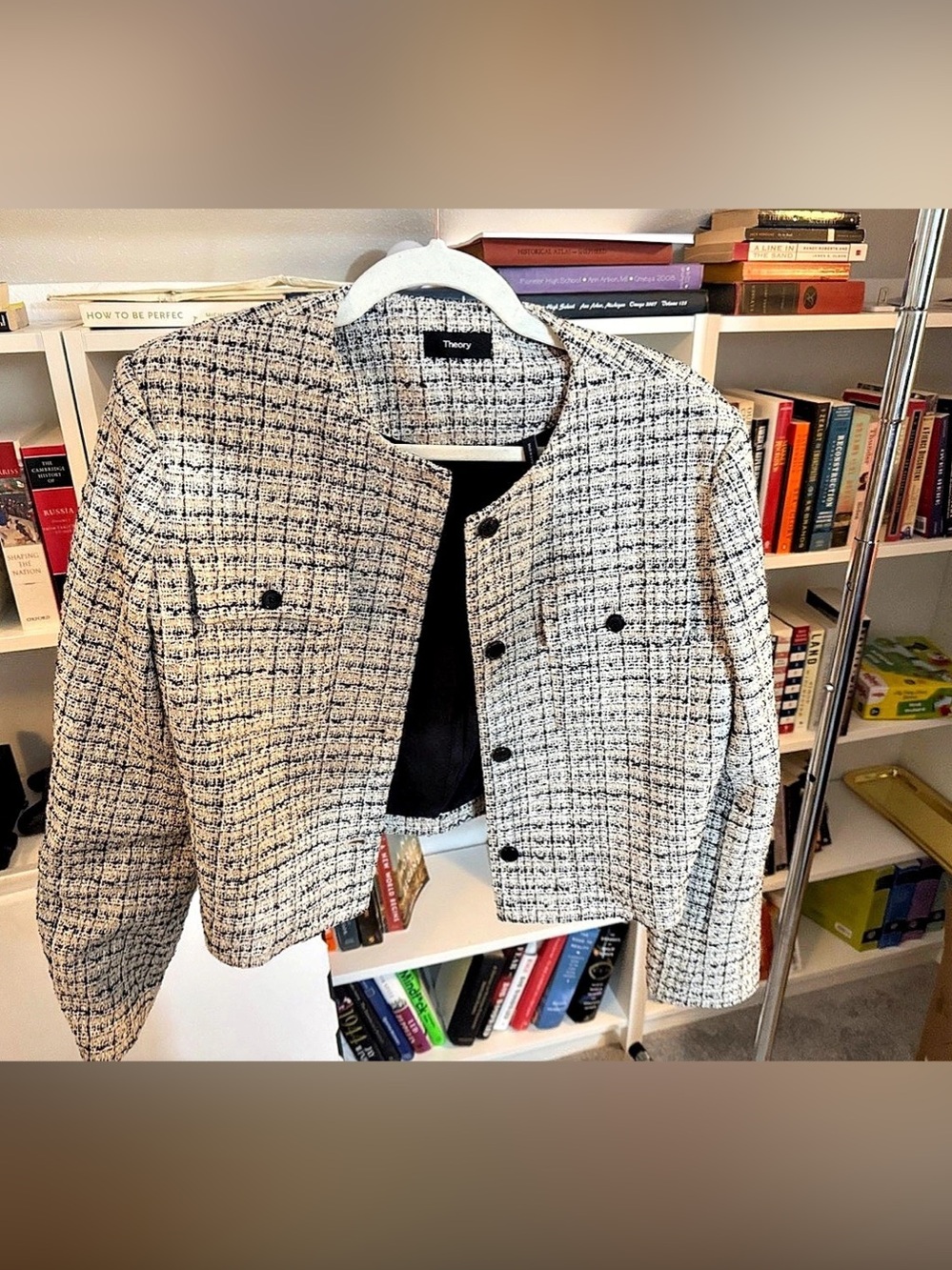 Theory Polished Tweed Cardigan Jacket Women's Checkered Blazer Size 10